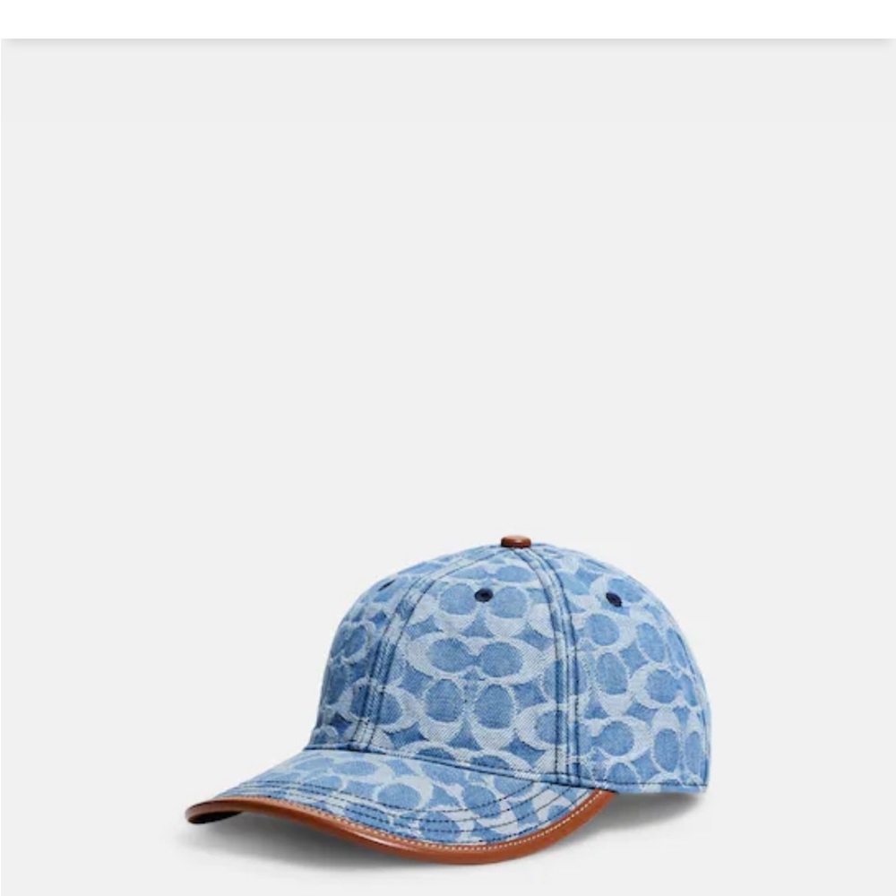 NWT Denim Coach monogram baseball cap with tan leather trim.
